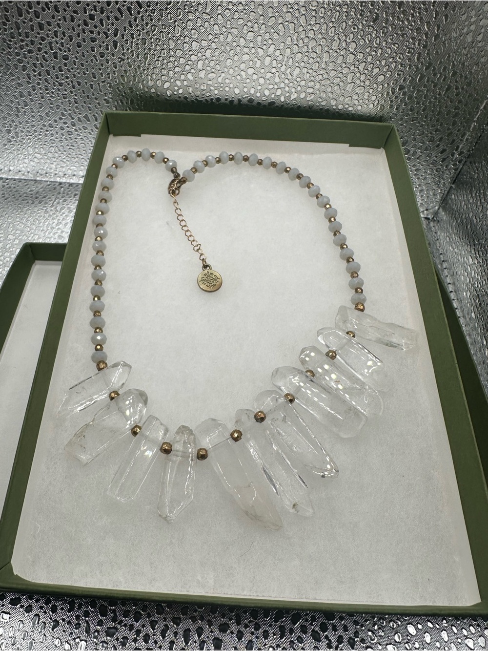 John Medeiros Raw Quartz Crystal Point Bib Statement Necklace Signed JM - Picture 4 of 10
